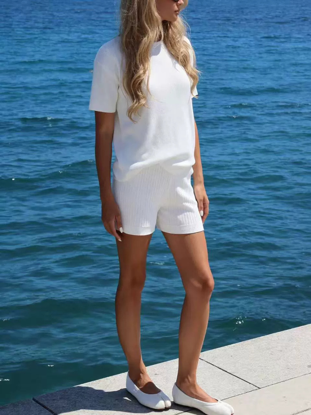 Zara Knit 2 Piece Summer Casual Short Sleeve Shorts Set Beach White
